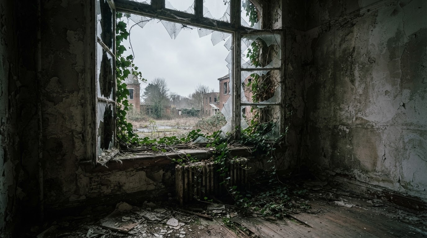 A shattered window with vines creeping in, seen from inside a decayed room — where the years erased the line between outside and in.