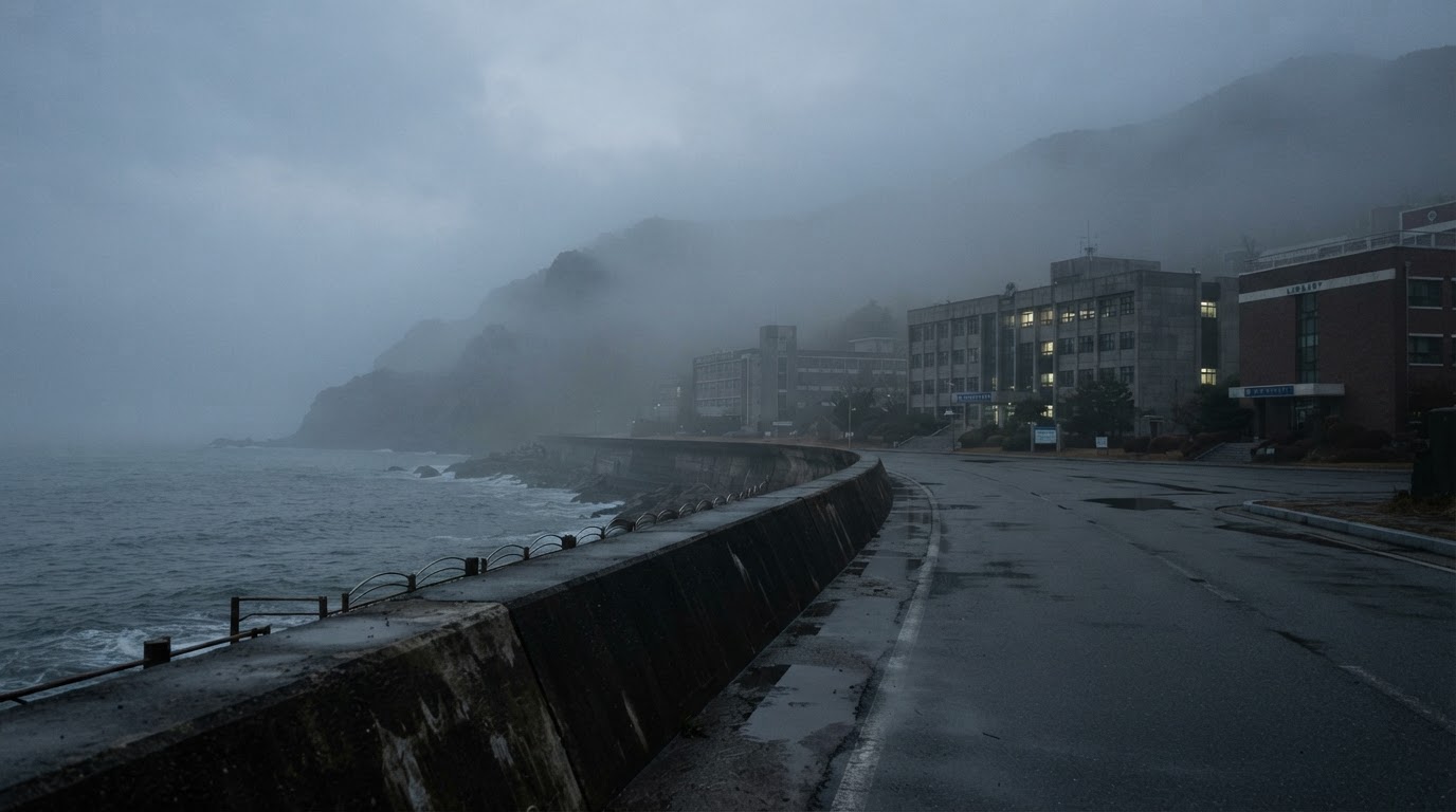 Dawn over the fog-wrapped island campus — the person who crossed the bridge that day has yet to be found.
