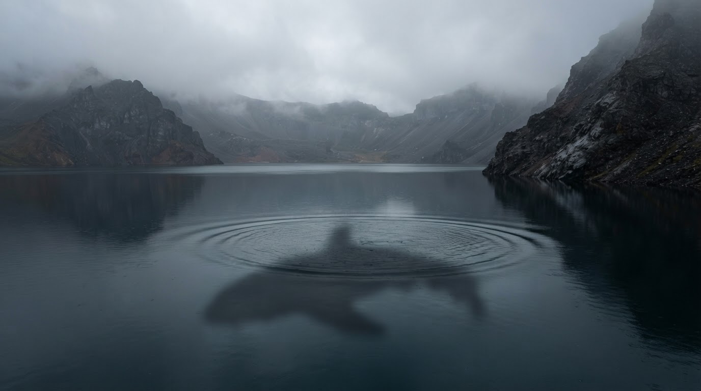 Fog-shrouded Heaven Lake with a huge dark shadow looming beneath the surface as wide circular ripples spread outward — an artist's impression of the sightings.