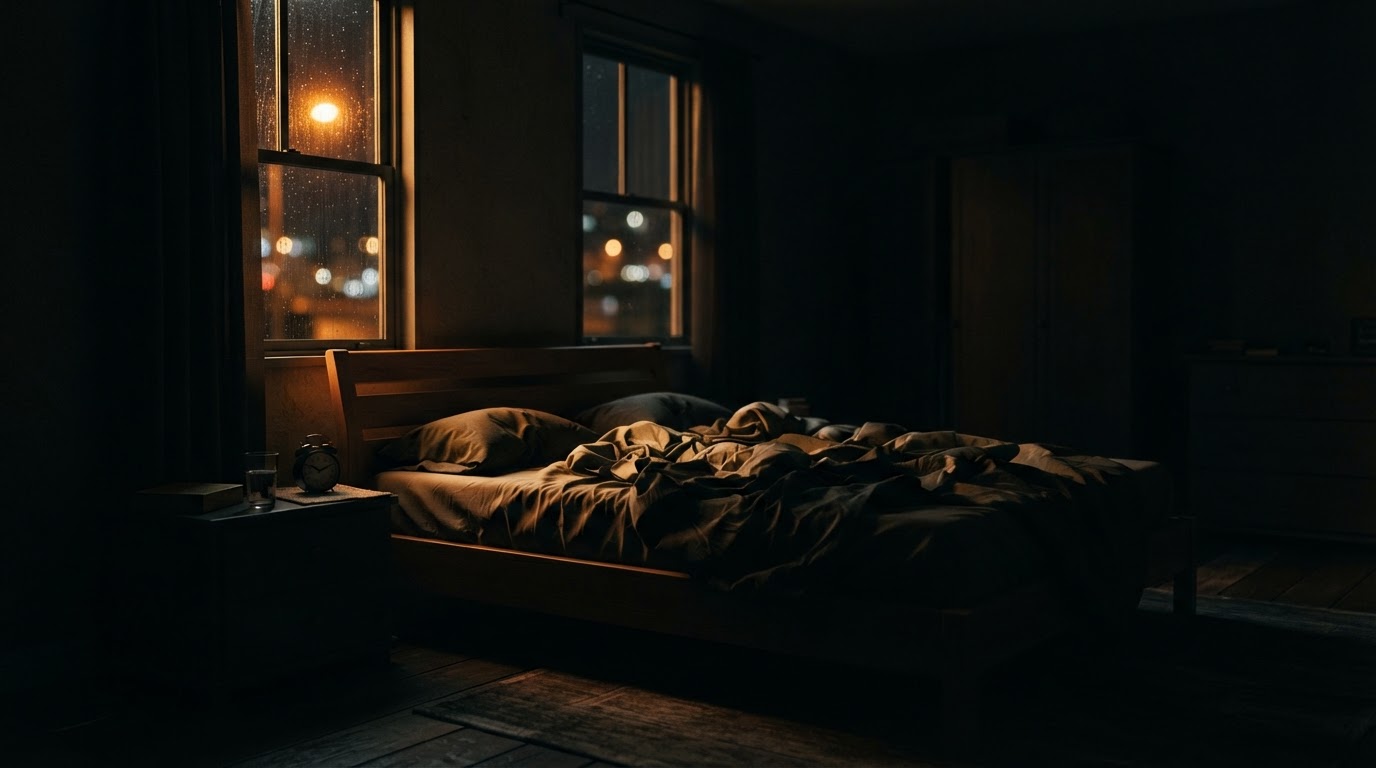 A dark, silent bedroom at night, faint light glowing beyond the window