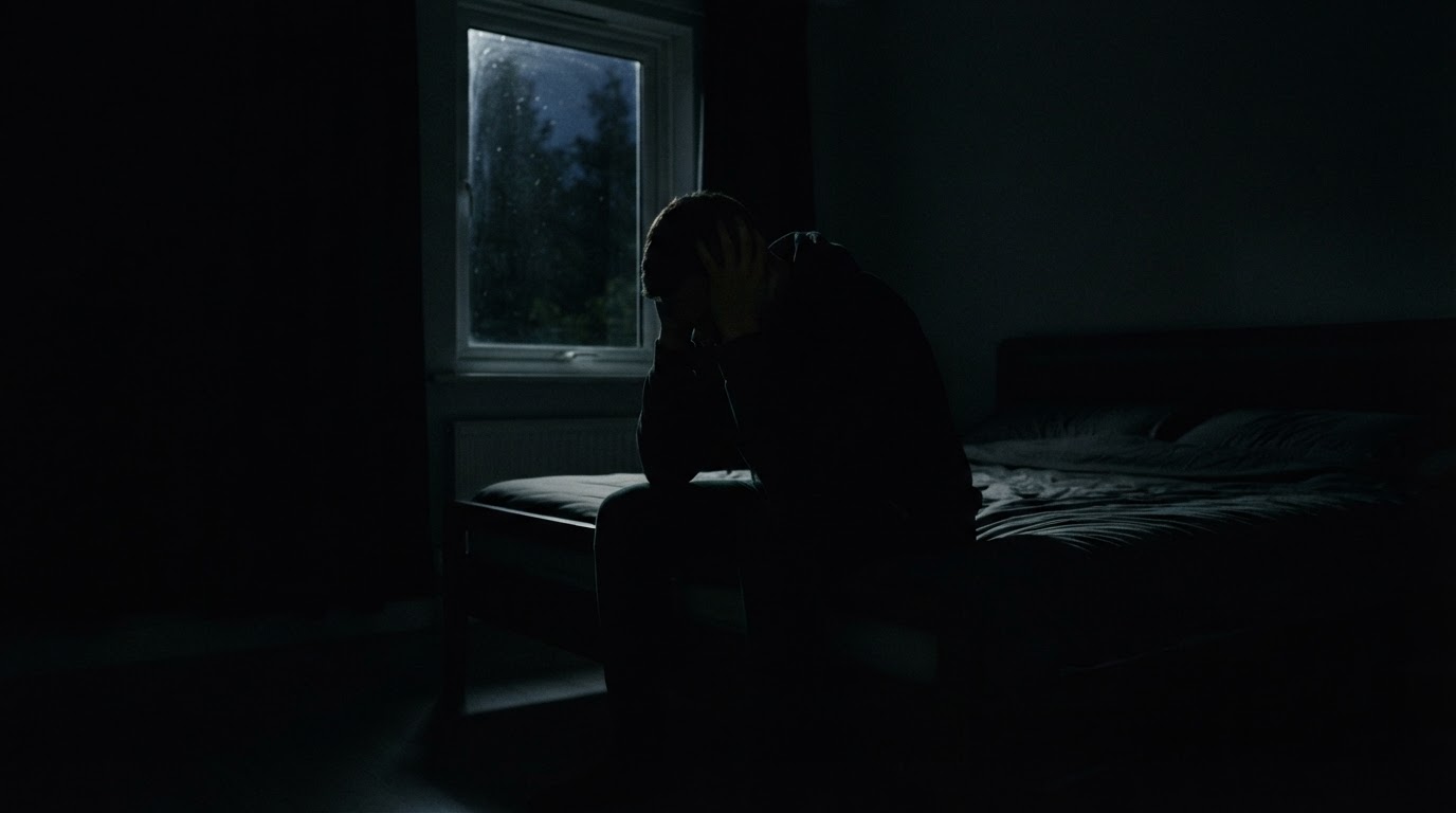 The silhouette of a person sitting on the edge of a bed, hands pressed over both ears, in a darkened room