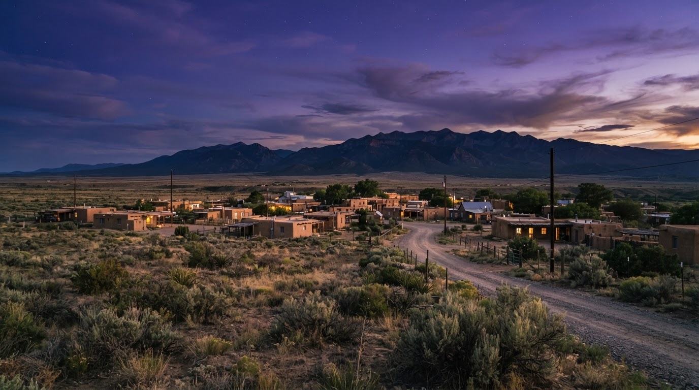 A small New Mexico town on a dry desert plateau, mountains in the distance at dusk