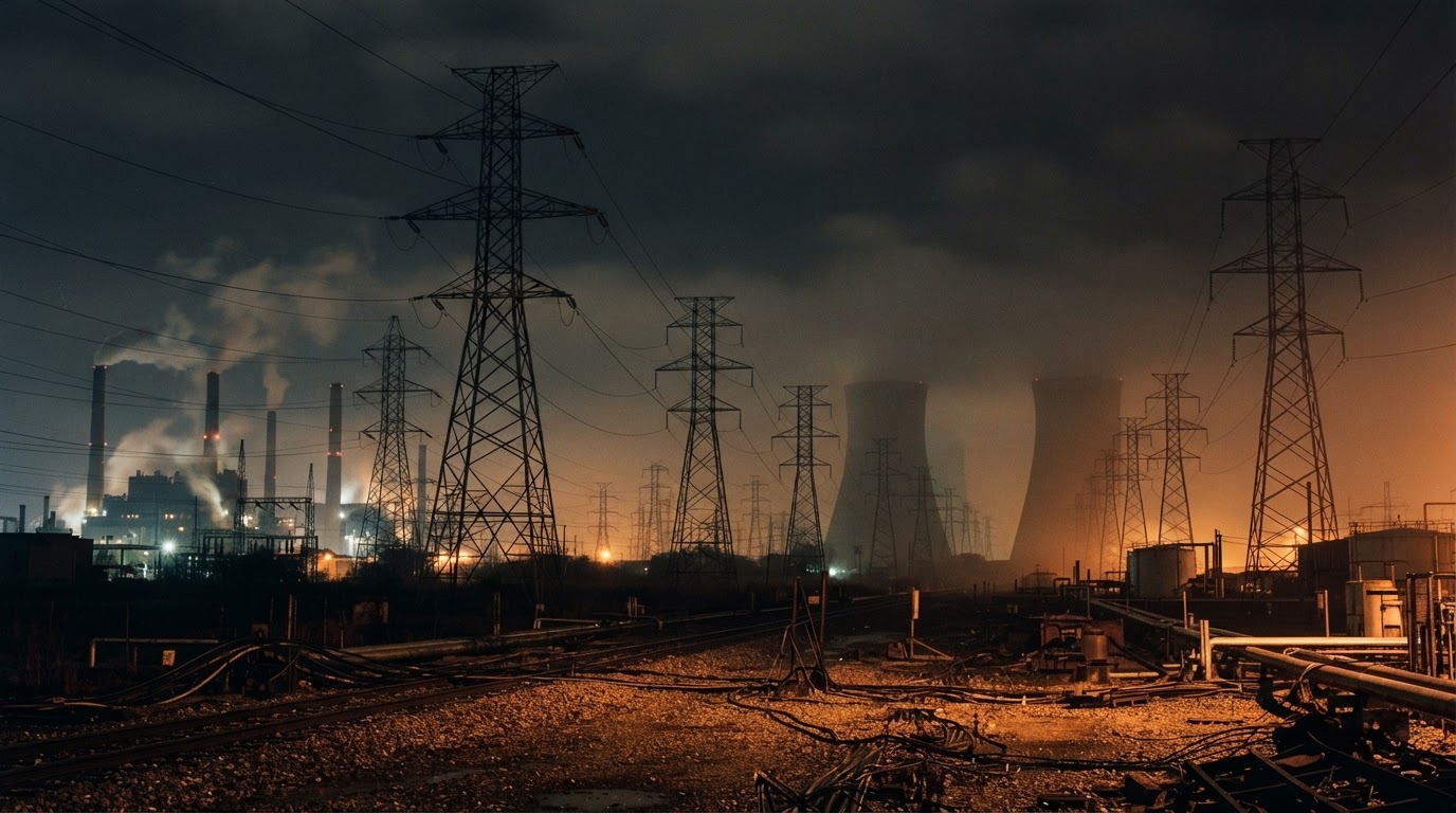 A nighttime industrial zone lined with power pylons and smokestacks, dim lights