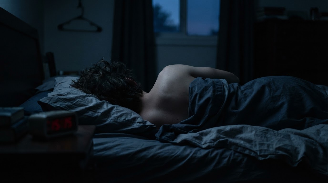 An unlit room, a clock showing the pre-dawn hours, the back of a person tossing and turning