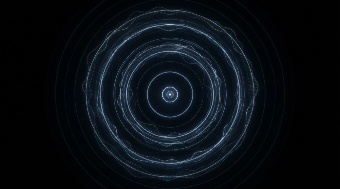 An abstract visualization of low-frequency sound waves rippling outward through darkness