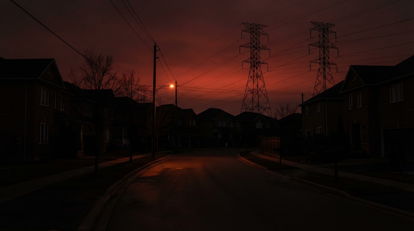 A suburban neighbourhood at night, the sky glowing red beyond power pylons, sunk in silence