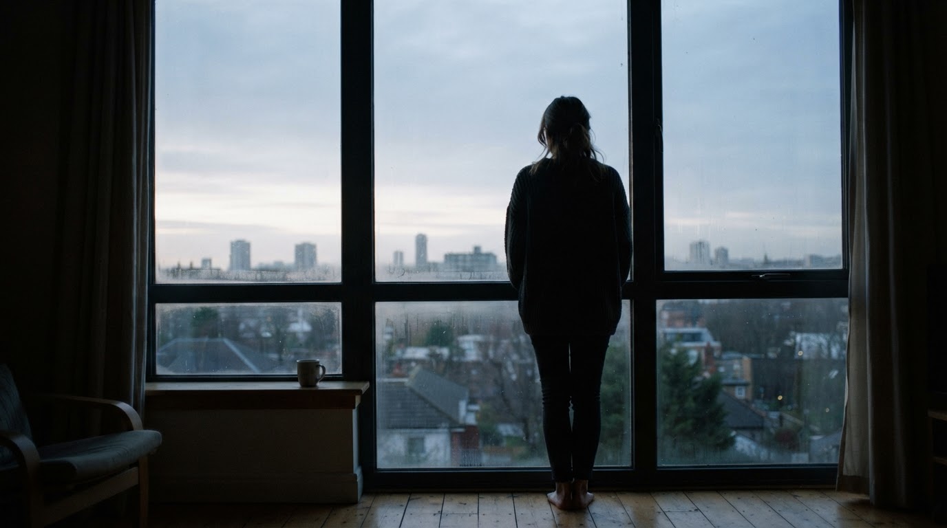 At daybreak, the back of a person standing alone at a window, looking outside