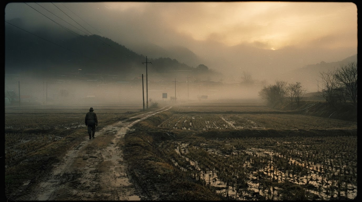 Thick fog over 1980s Korean rural rice paddies and a dirt road, cinematic film-still atmosphere, moody golden light