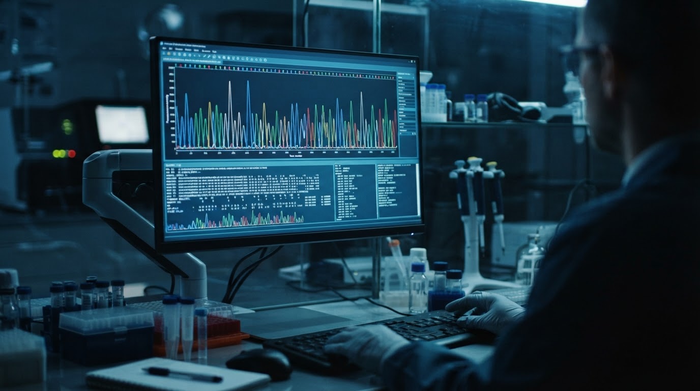 A DNA sequencing graph and data on a screen showing genetic analysis results, cool clinical lighting, no legible text