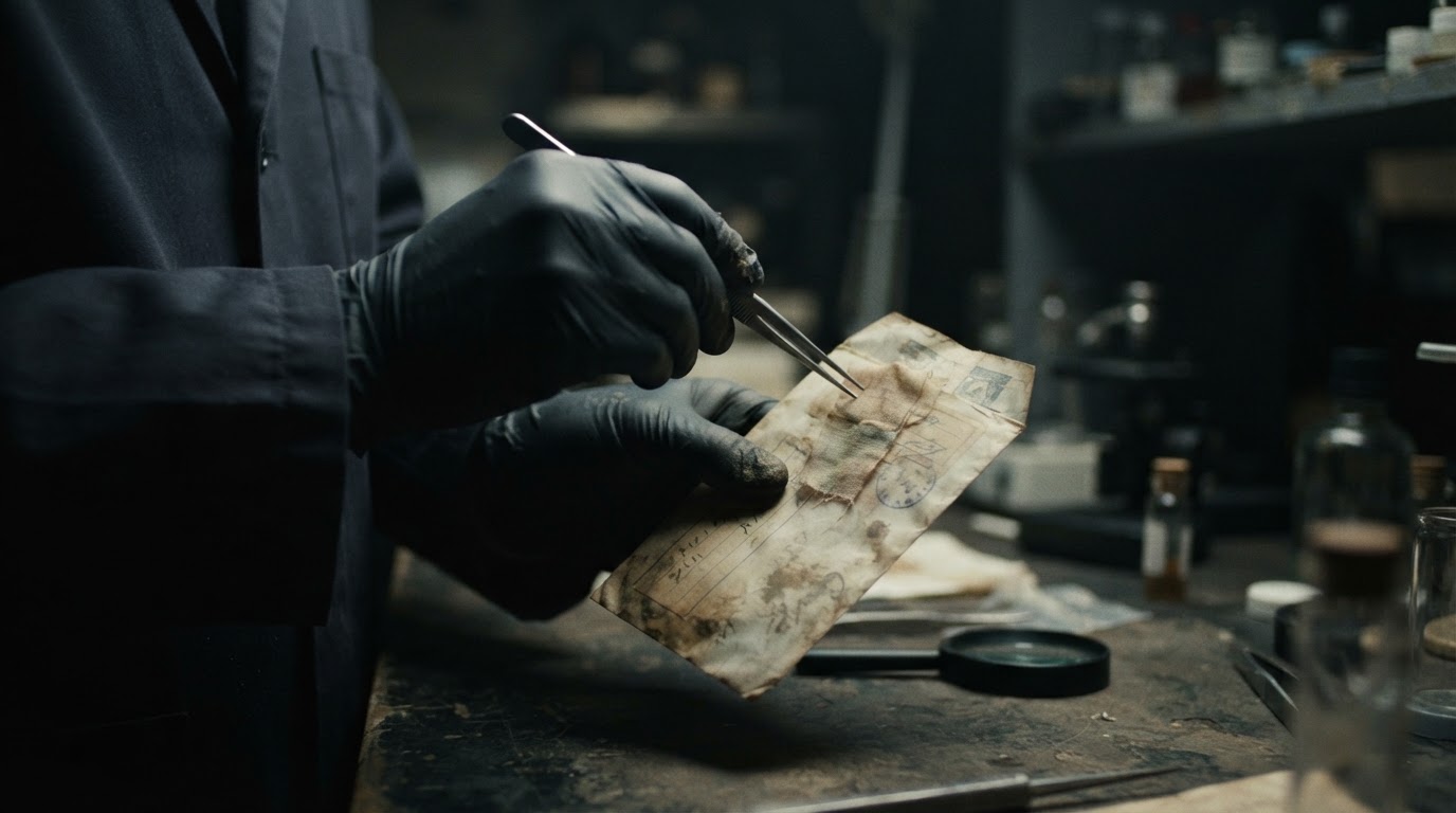 Close-up of a forensic technician's gloved hands handling an old evidence sample in a laboratory, moody focused lighting, no identifiable person