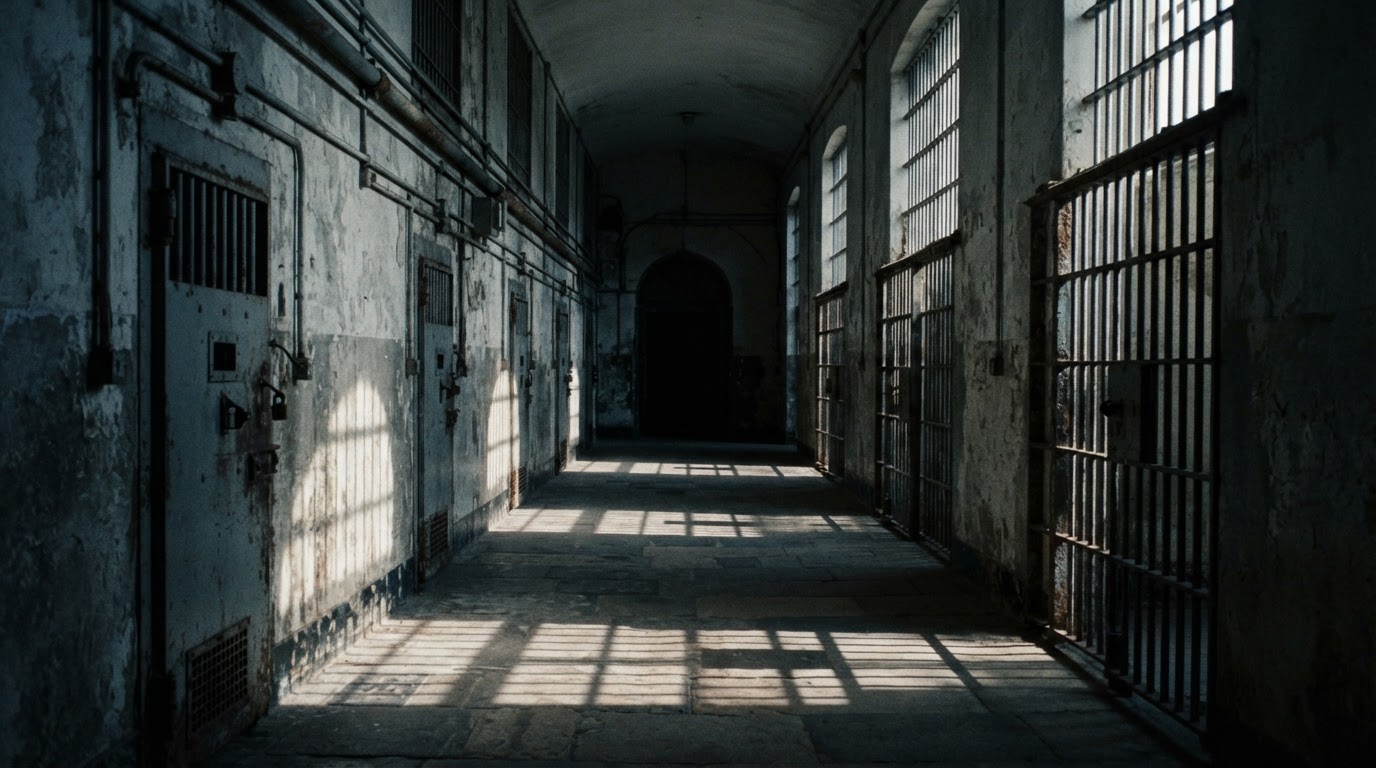 Long shadows in an empty prison corridor, light filtering through bars, somber cinematic tone