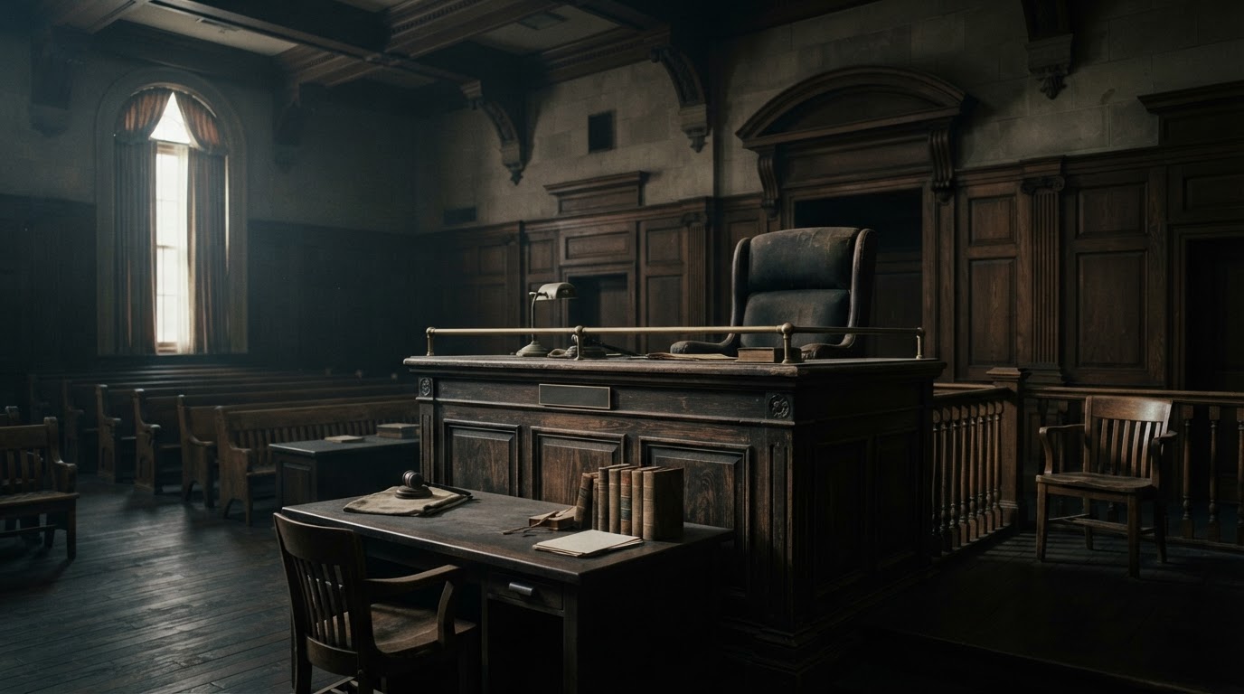 An empty judge's bench and wooden chairs in an old courtroom, heavy silence, moody cinematic light