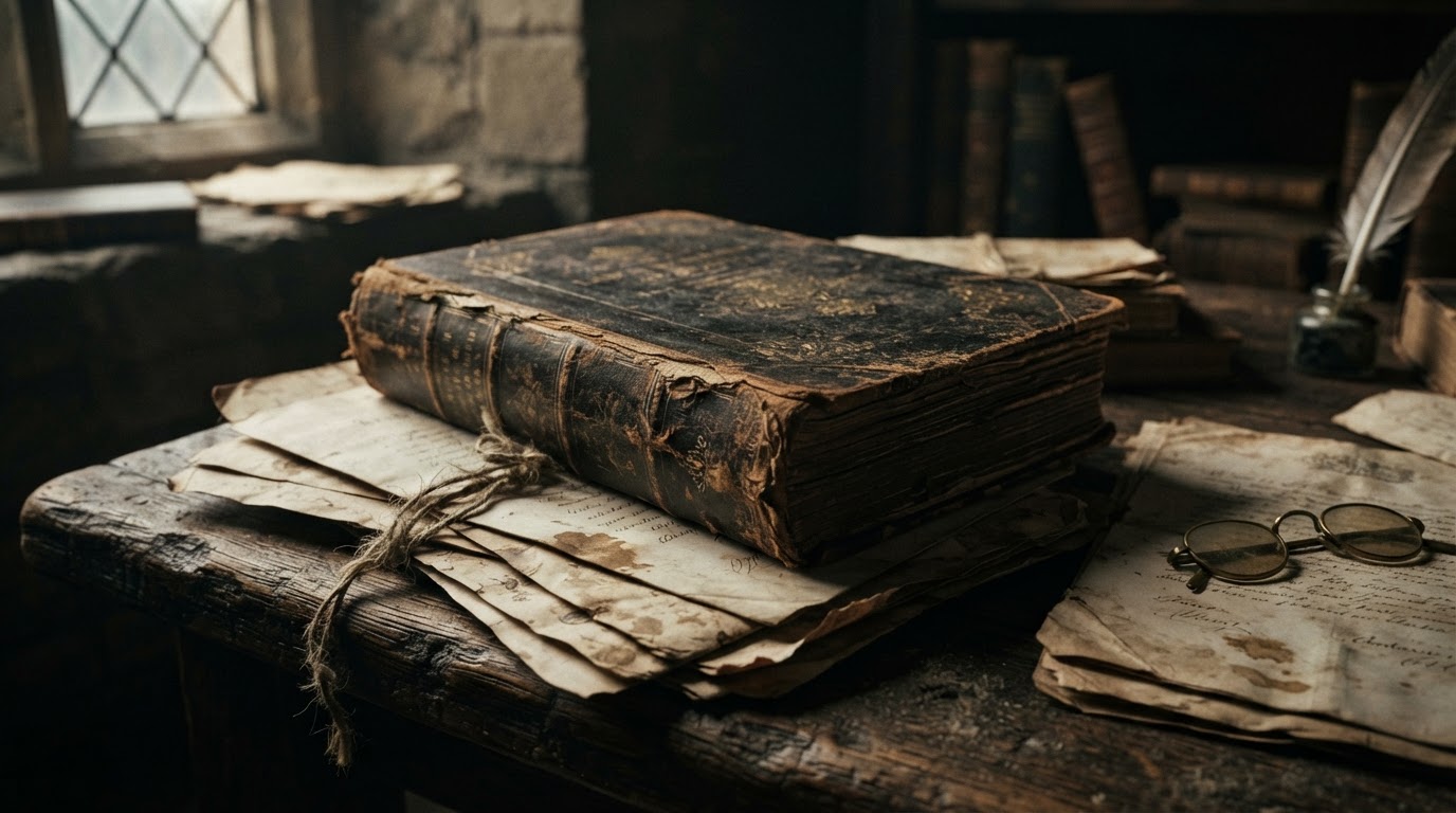 A still life of an old law book and documents bearing the marks of time, symbolizing the passage of years, moody cinematic light