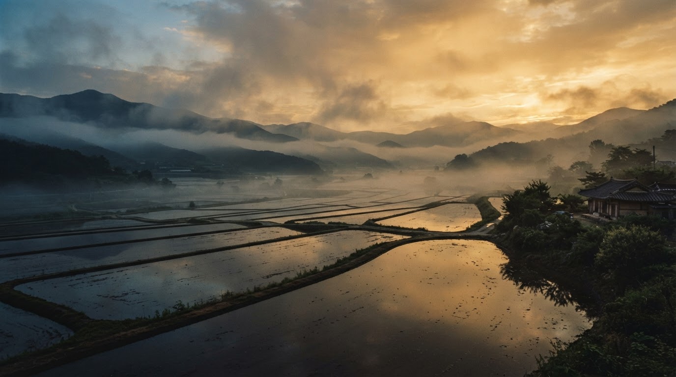 At dusk, the fog lifting over the wide rice paddies of Hwaseong, cinematic golden light, film-still atmosphere