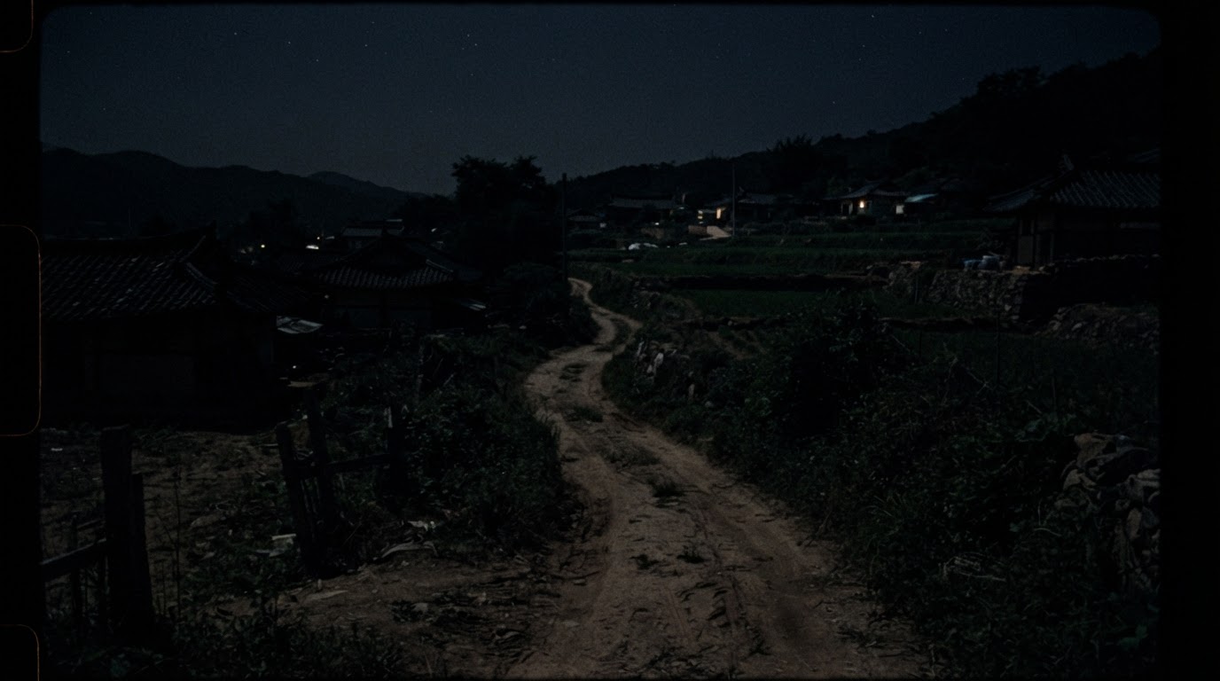 Unlit country road in a 1980s Korean farming village at night, no streetlamps, dark dirt path, cinematic moody tone