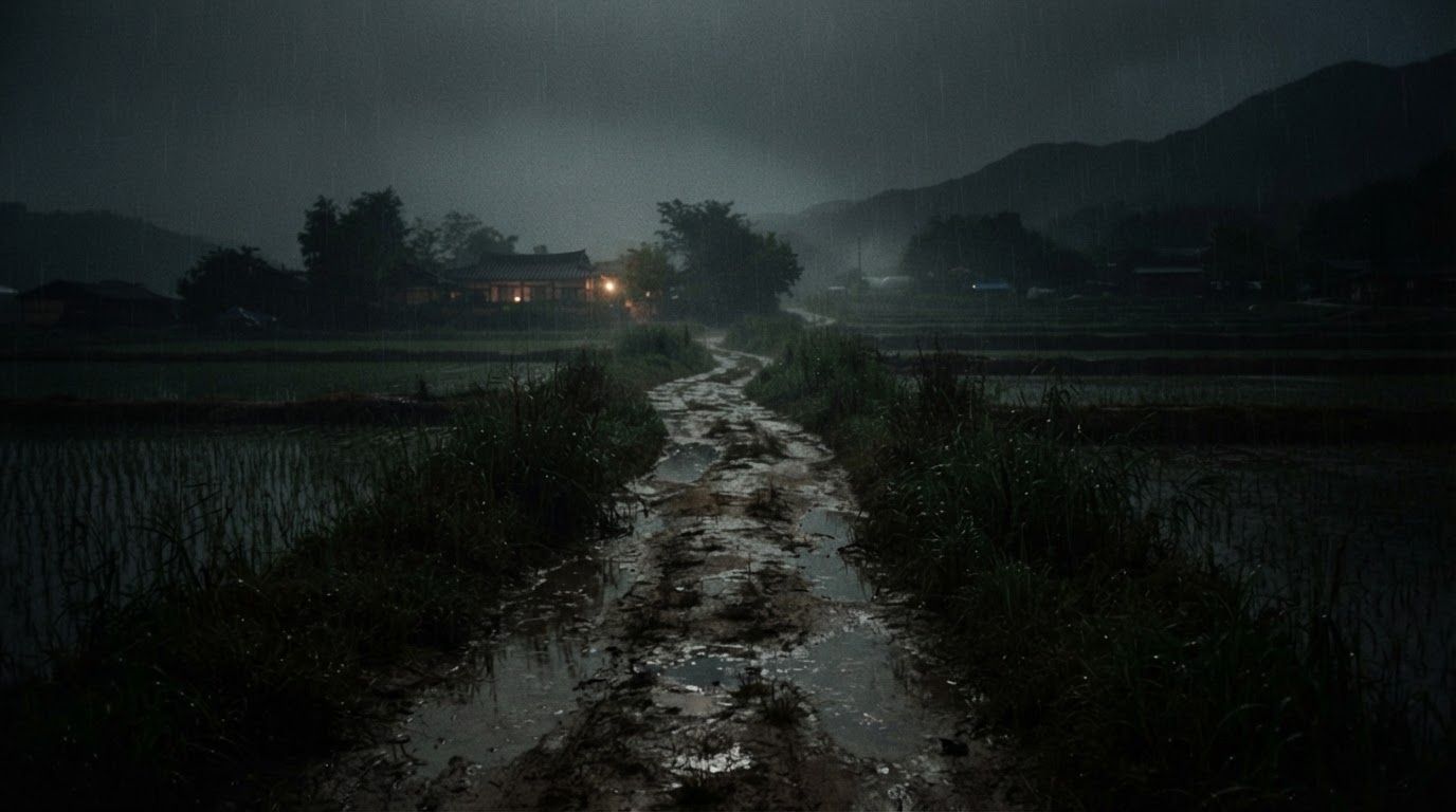 A rainy night on a deserted rural paddy path with puddles, film-still atmosphere reminiscent of Memories of Murder cinematography, no legible text, no identifiable person