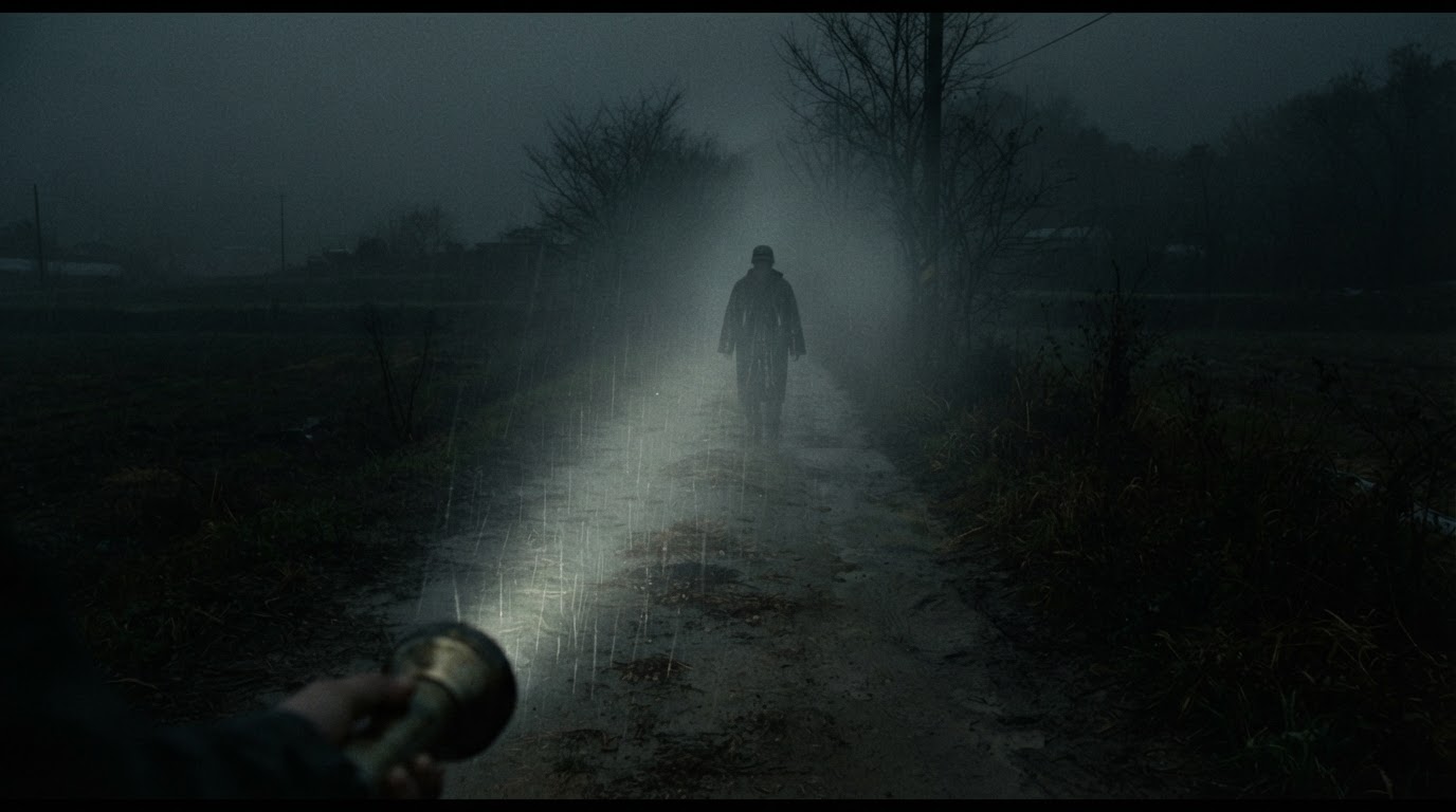 Beam of an old flashlight cutting through fog on a rainy night country road, a silhouette in the mist, face not visible, cinematic Memories of Murder mood