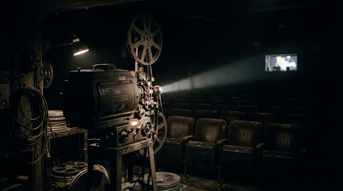 An old film projector and rows of empty theater seats in a dark room, moody cinematic atmosphere