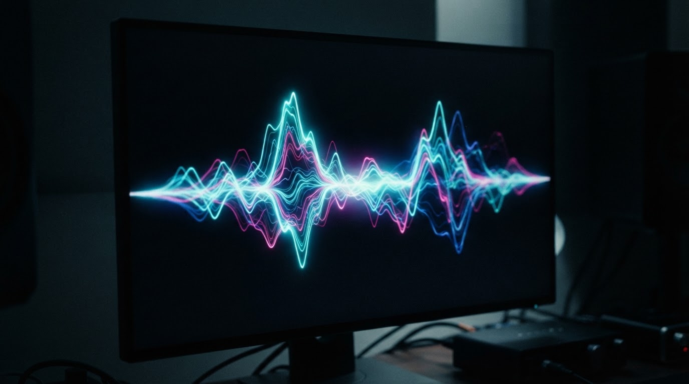 An abstract graphic of an audio waveform, a sound graph on a dark screen (no legible text)