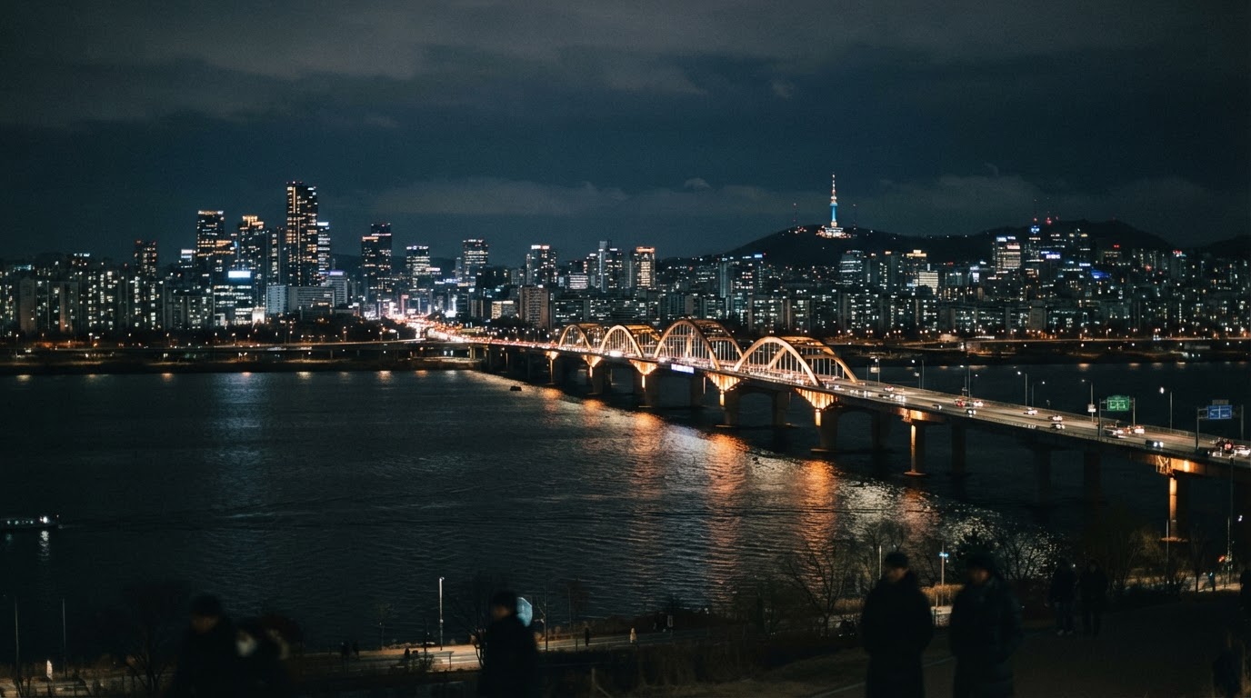 Night view of the Han River and a bridge's lights, city glow spreading across dark water