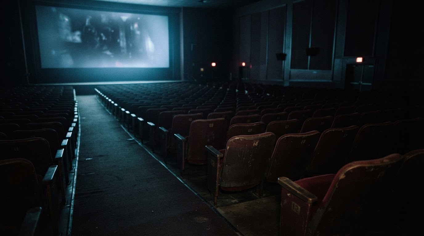 Empty theater seats and faint light spilling from a screen