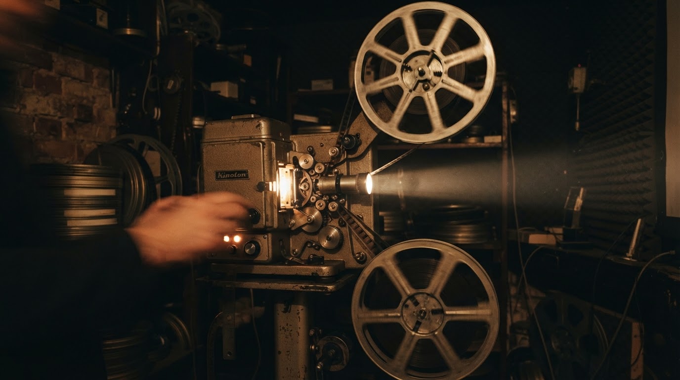 A dark projection room where an old projector reel turns