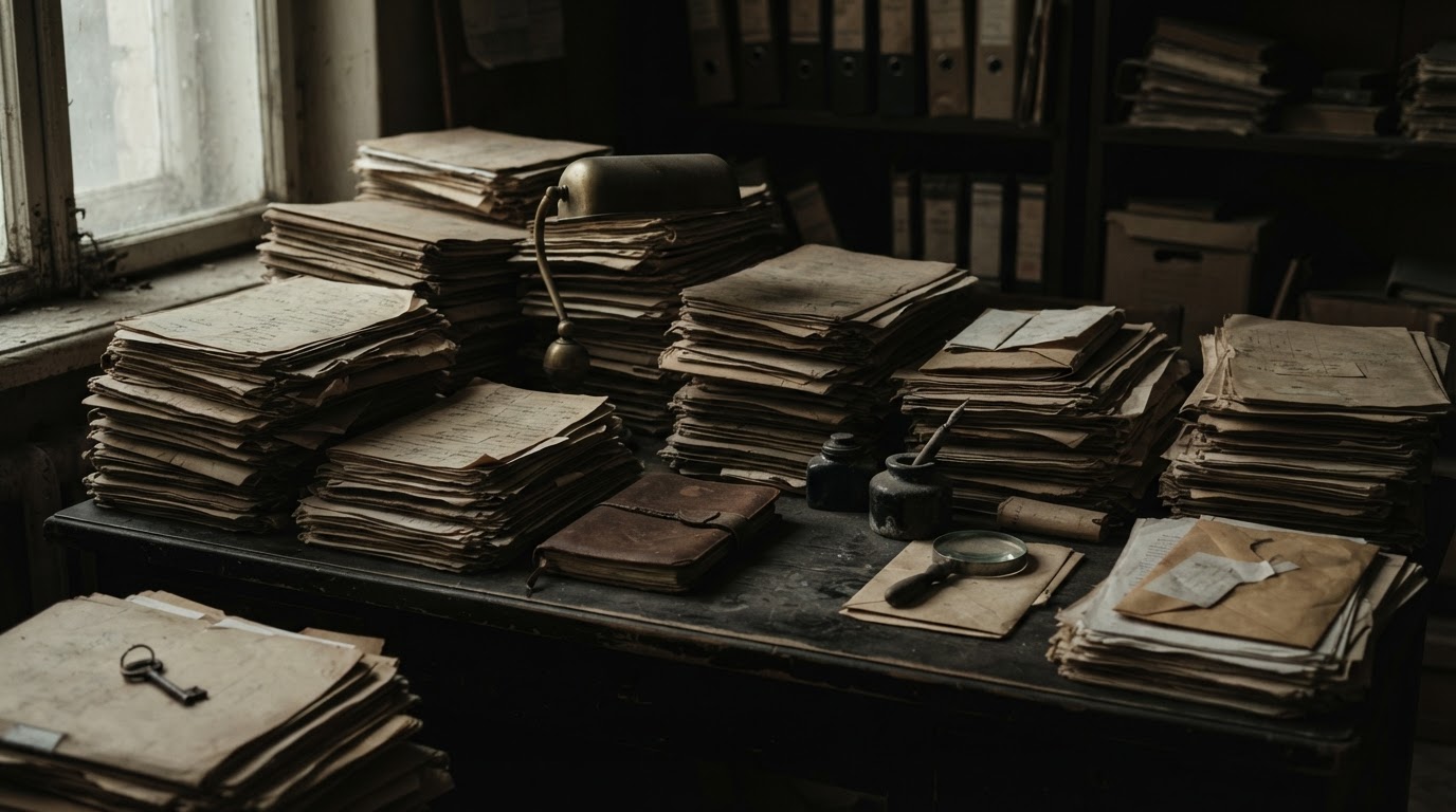 A dark desk stacked with old case files and faded folders (no legible text)