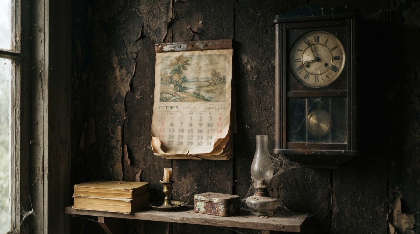 An old wall calendar and a seemingly stopped clock, a still-life symbolizing the passage of time (no legible text)