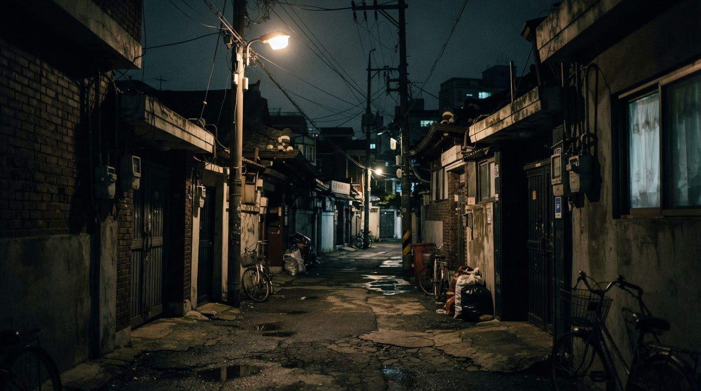 A quiet residential alley in 1990s Seoul at night, empty streets under dim lamplight