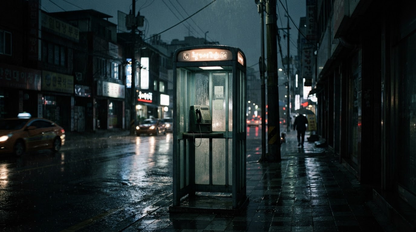 An old public telephone booth standing alone on a night street under a hazy streetlight