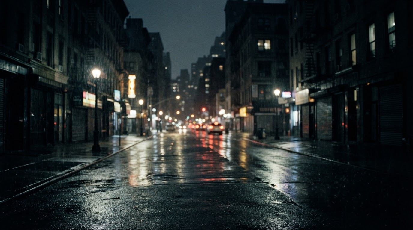 Wet asphalt of a city street on a rainy night, lights blurring across an empty road