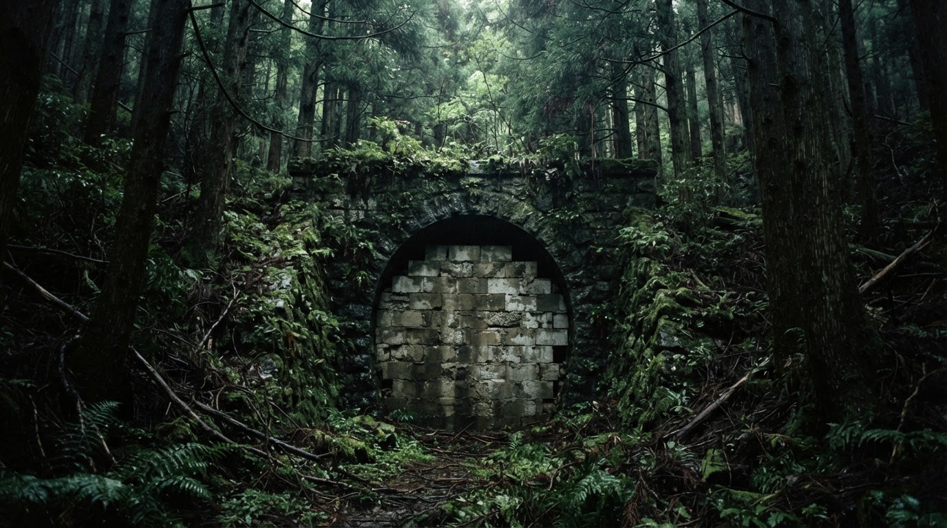 An old mossy tunnel mouth sealed with concrete blocks, set deep in a dark cedar forest, faint green light