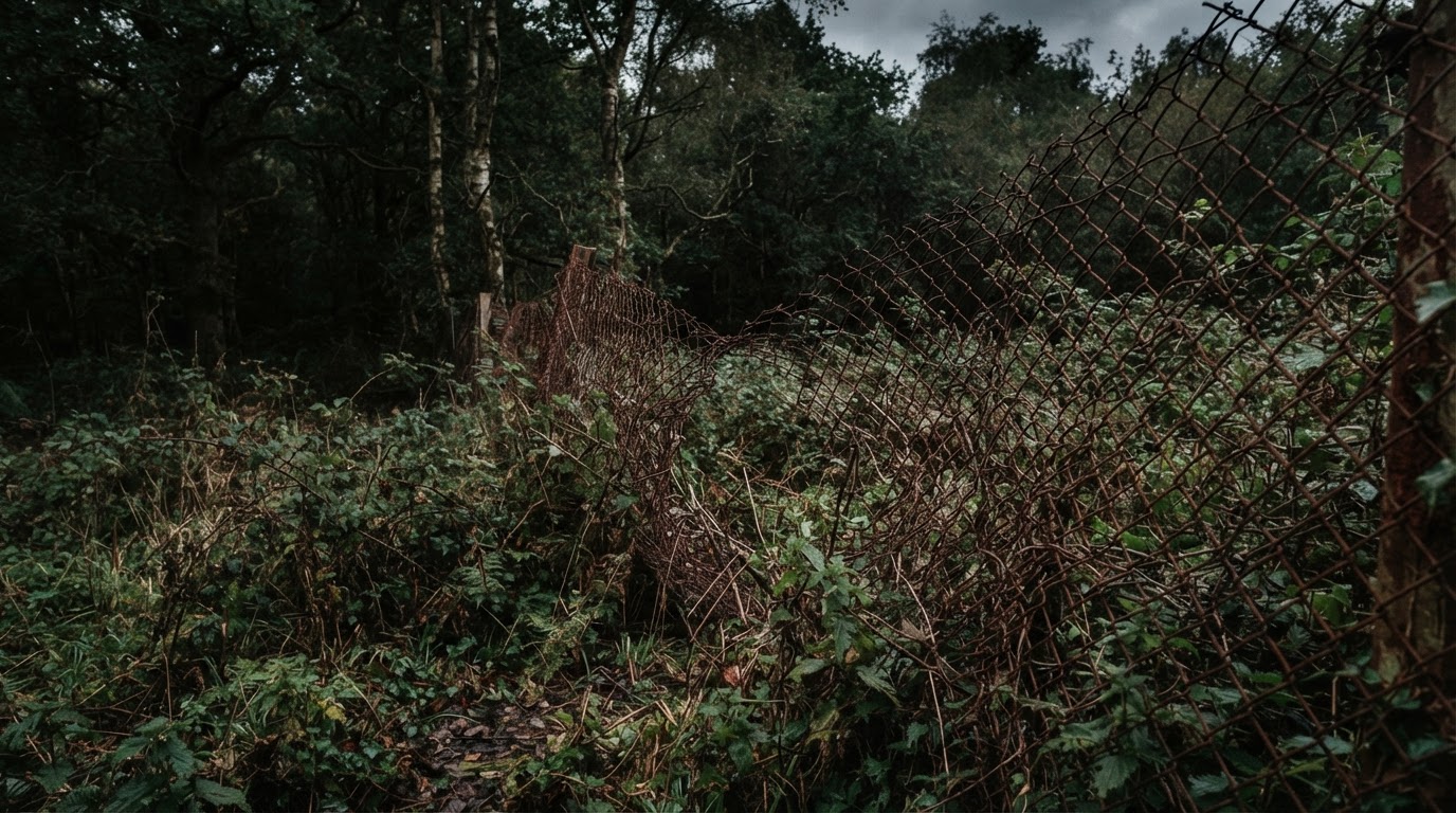 A torn wire fence tangled in undergrowth at the edge of a forest