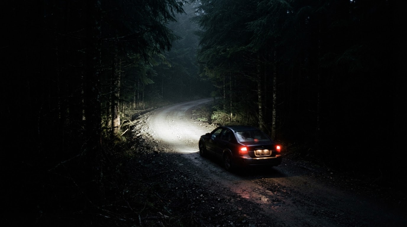 A night forest road lit only by a car's headlights, darkness pressing in on both sides