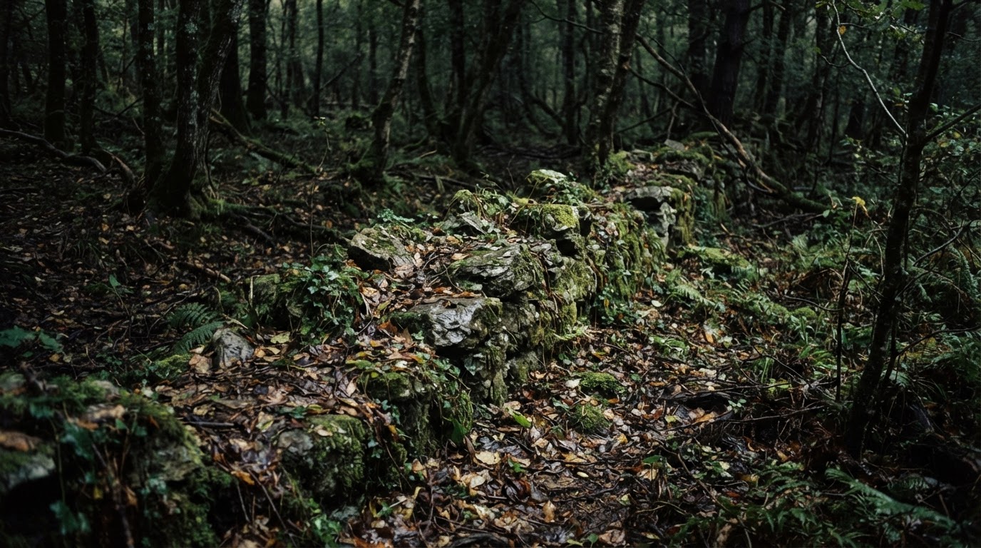 Moss-covered remnants of an old stone wall half-buried in forest floor