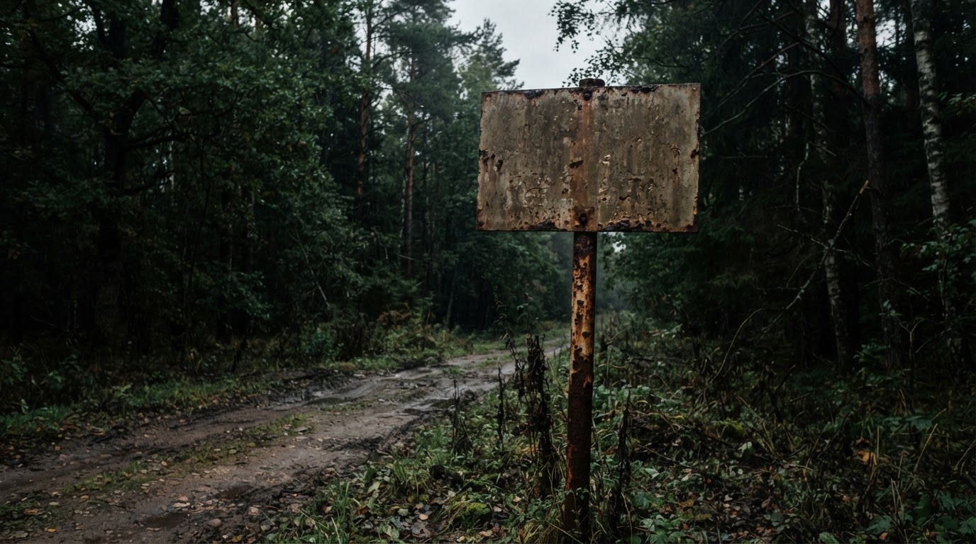 A warning-sign shape on a pole, its lettering blurred and illegible, standing at a forest roadside