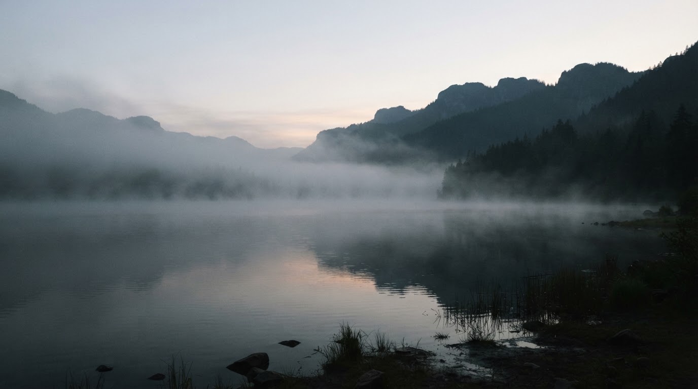Mist lying over the surface of the reservoir at dawn, dark water below and pale sky above