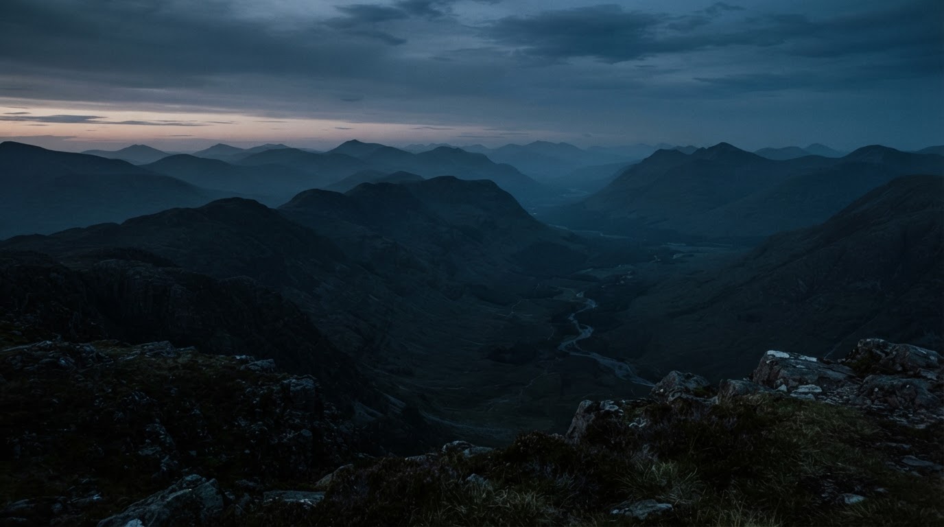 A distant mountain valley at dusk, ridgelines fading into blue haze, no lights below