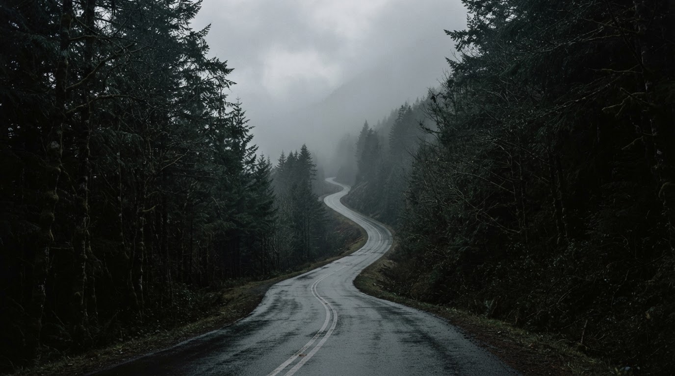 A narrow mountain road curving into thick fog, dense forest on both sides