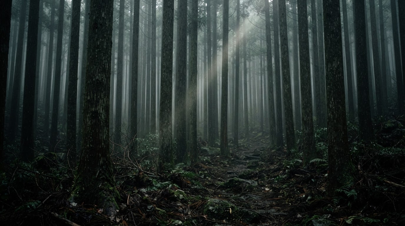 Dense cedar forest with thin shafts of dim light falling between the trunks