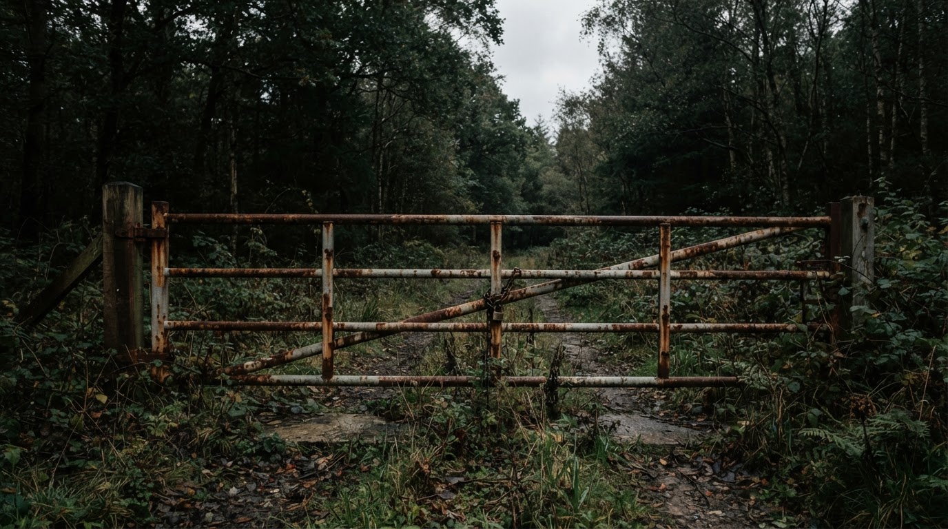 A rusted road barrier gate blocking a forest track, undergrowth creeping over its base