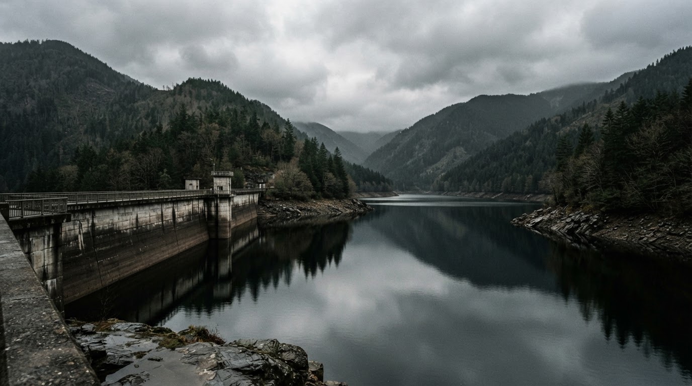 A dam lake with still, dark water, forested slopes reflected on the surface