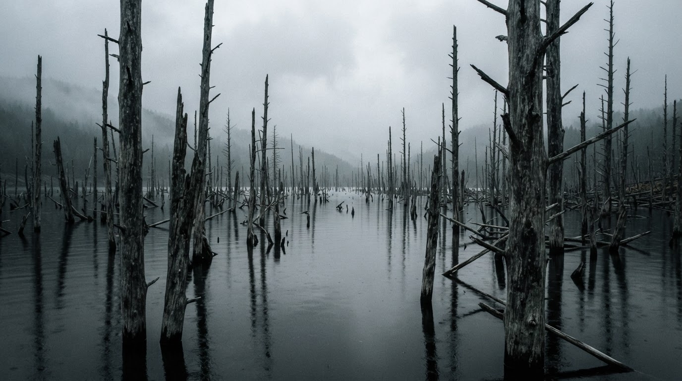 Half-submerged dead trees standing in the still water of a reservoir