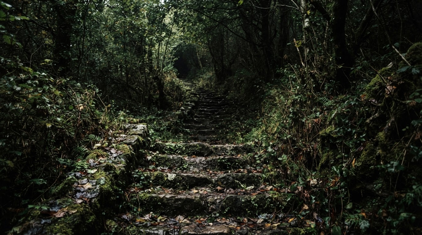 An overgrown stone stairway climbing into forest, steps thick with moss and fallen leaves