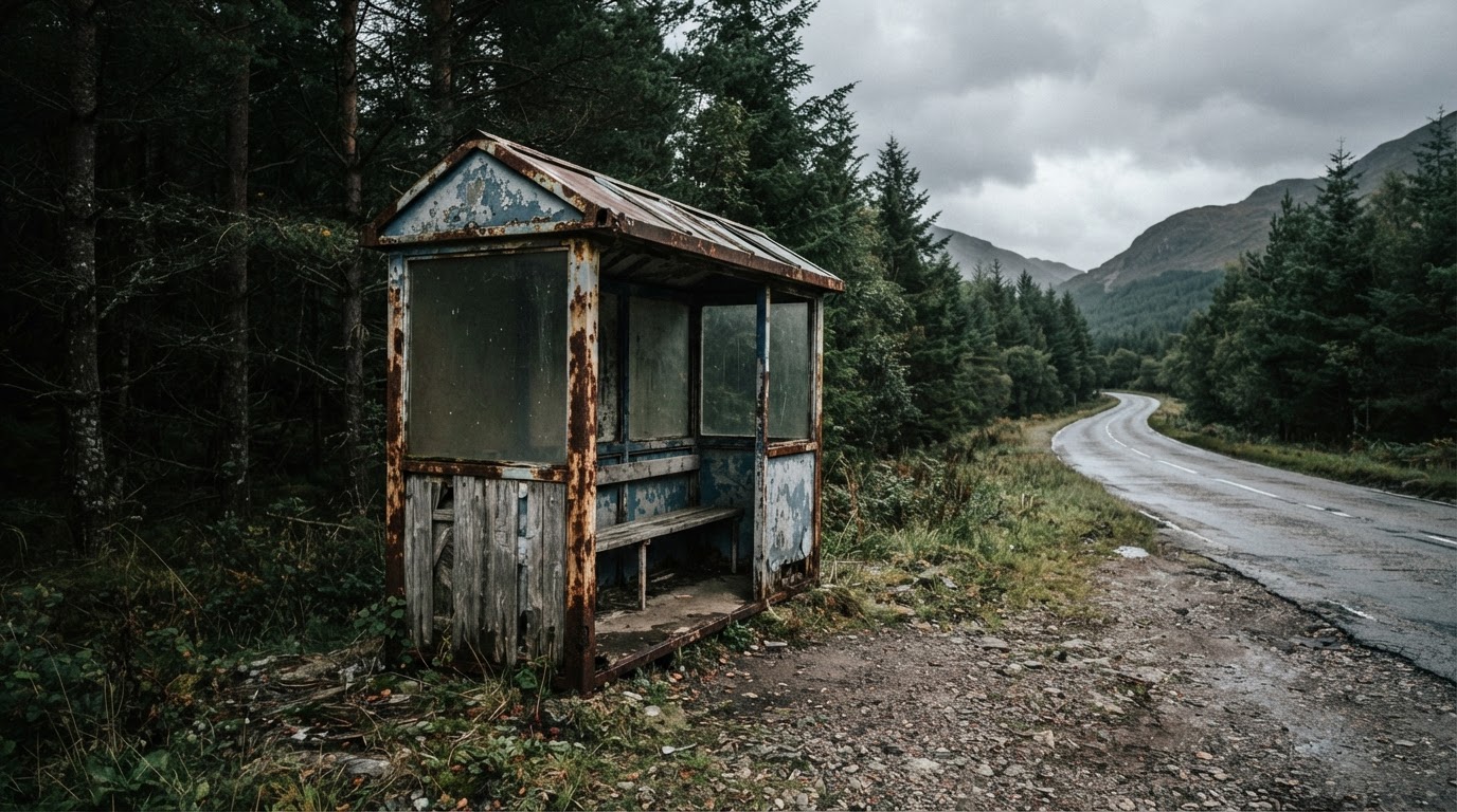 An abandoned, weathered bus stop shelter at the edge of a mountain road, paint long faded