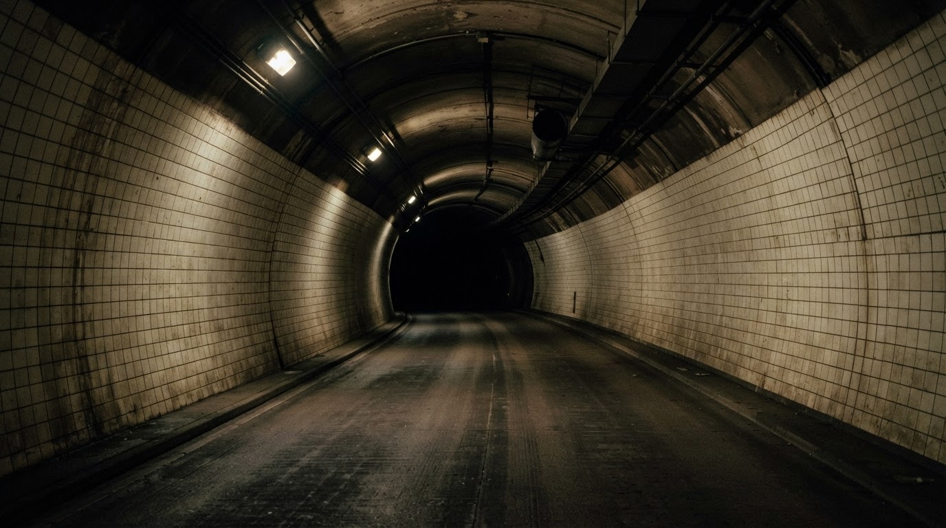 The interior of a modern tunnel receding into darkness, tiled walls catching faint light