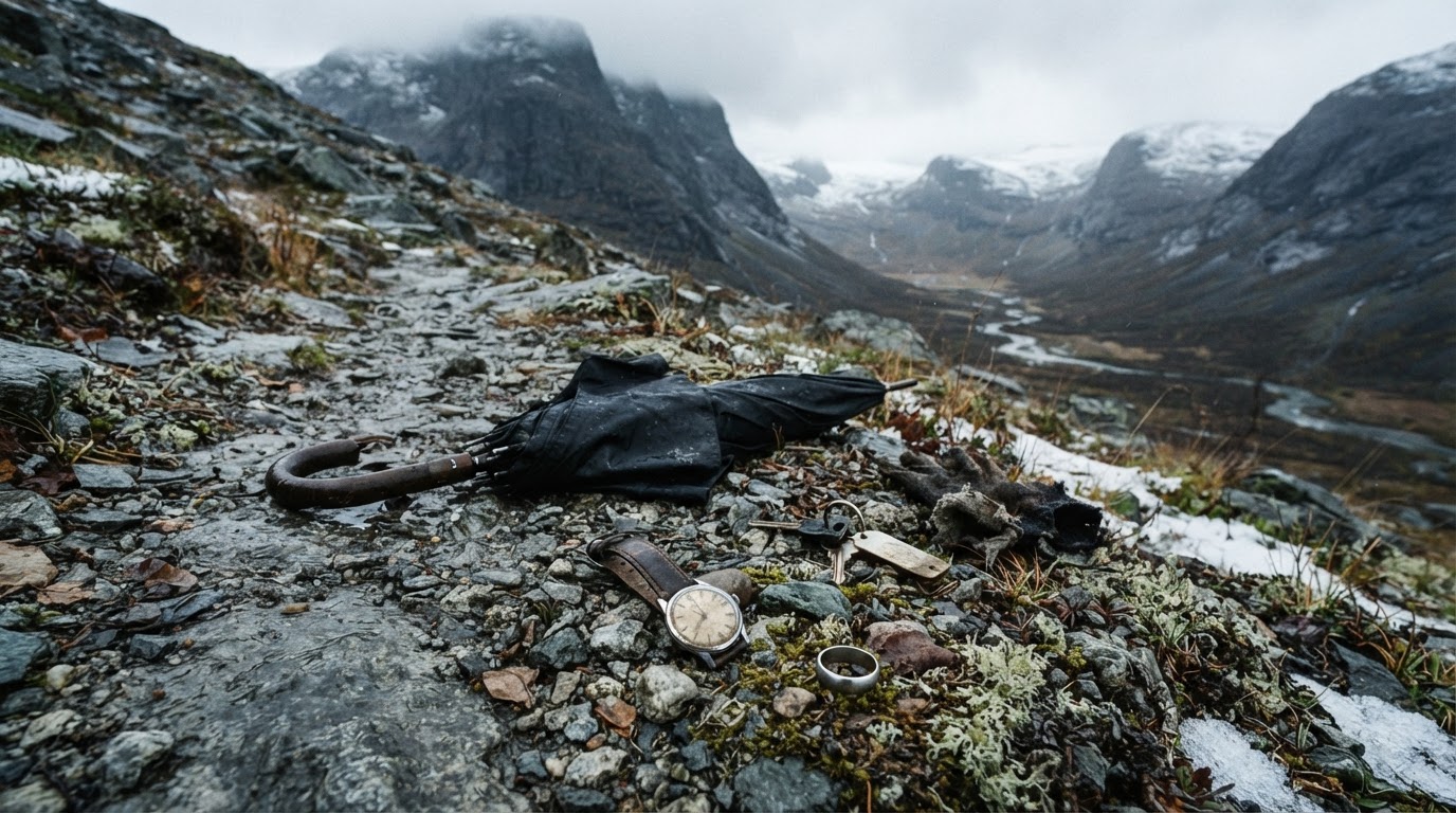 Personal belongings scattered on a rocky valley slope — an umbrella, a wristwatch, a ring