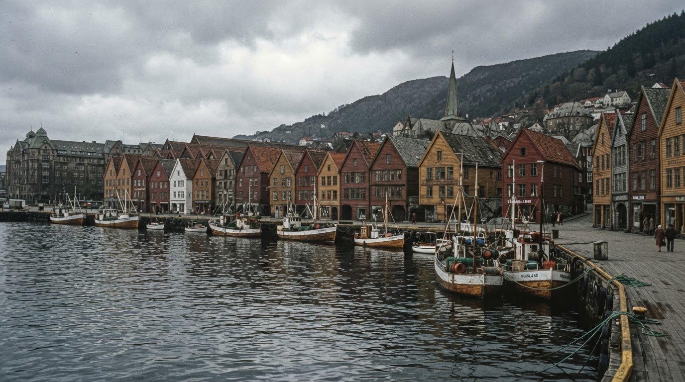 A view of Bergen's cityscape and harbor in the early 1970s