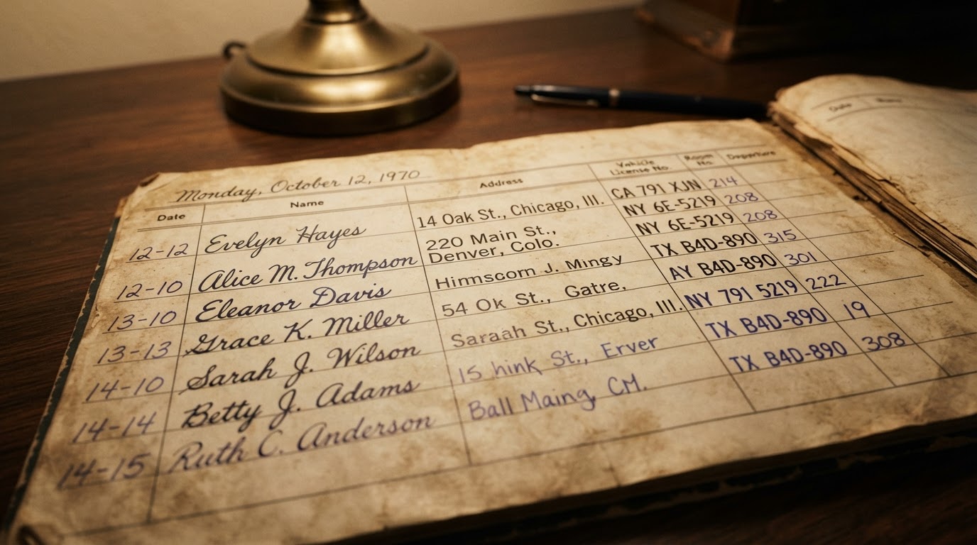 Several aliases written in different handwriting in an old hotel register