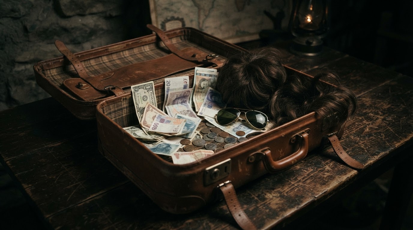 An old suitcase holding banknotes and coins from several countries, tinted glasses, and wigs